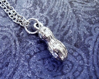 Silver Peanut Necklace - Antique Pewter Peanut Charm on a Delicate Silver Plated Cable Chain or Charm Only