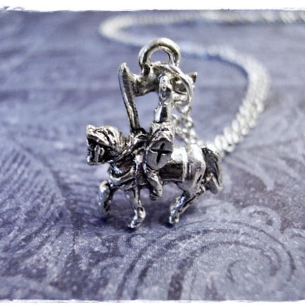Silver Knight on Horseback Necklace - Silver Pewter Knight on Horseback Charm on a Delicate Stainless Steel Cable Chain or Charm Only