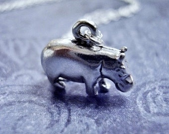 Silver Hippo Necklace - Sterling Silver Hippo Charm on a Delicate Sterling Silver Cable Chain or Charm Only