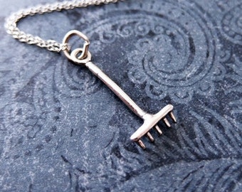 Silver Rake Necklace - Sterling Silver Rake Charm on a Delicate Sterling Silver Cable Chain or Charm Only