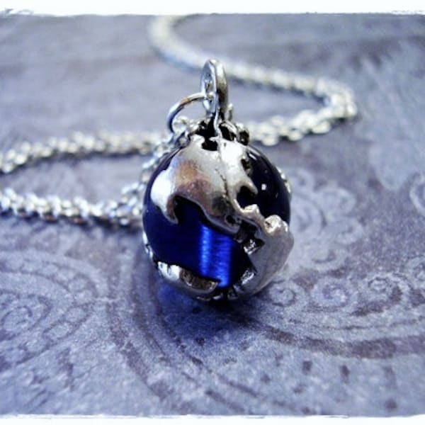 Sapphire Blue Earth Globe Necklace - Antique Pewter Sapphire Blue Earth Globe Charm on a Delicate Silver Plated Cable Chain or Charm Only