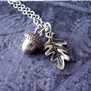 Silver Acorn and Oak Leaf Necklace - Antique Pewter Oak Leaf and Acorn Charms on a Delicate Stainless Steel Cable Chain or Charms Only