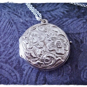 Round Daisy Locket Necklace - Sterling Silver Daisy Locket on a Delicate Sterling Silver Cable Chain or Locket Only