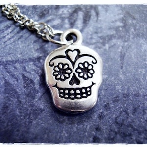 Silver Sugar Skull Necklace - Antique Pewter Sugar Skull Charm on a Delicate Stainless Steel Cable Chain or Charm Only
