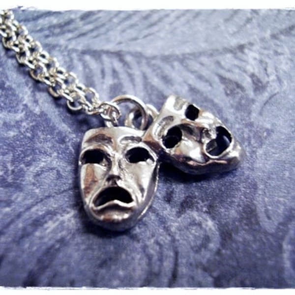 Silver Theatre Masks Necklace - Antique Pewter Theatre Masks Charm on a Delicate Stainless Steel Cable Chain or Charm Only