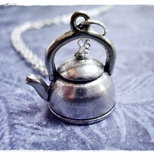 Silver Tea Kettle Necklace - Antique Pewter Tea Kettle Charm on a Delicate Stainless Steel Cable Chain or Charm Only