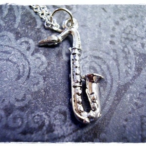 Silver Saxophone Necklace - Silver Pewter Saxophone Charm on a Delicate Stainless Steel Cable Chain or Charm Only