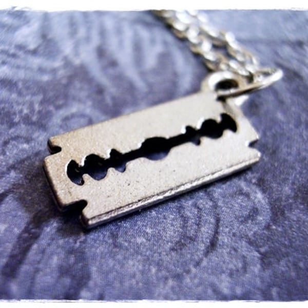 Silver Razor Blade Necklace - Antique Pewter Razor Blade Charm on a Delicate Silver Plated Cable Chain or Charm Only