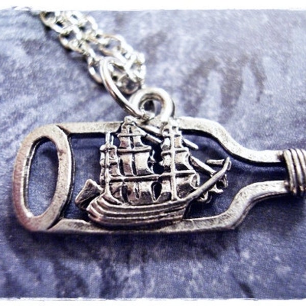 Silver Ship in a Bottle Necklace - Antique Pewter Ship in a Bottle Charm on a Delicate Silver Plated Cable Chain or Charm Only