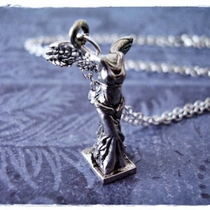 Silver Winged Victory Statue Necklace Antique Pewter Winged Victory Statue Charm on a Delicate Silver Plated Cable Chain or Charm Only image 1