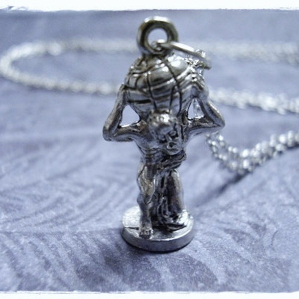 Silver Atlas the Titan Necklace - Antique Pewter Atlas the Titan Charm on a Delicate Silver Plated Cable Chain or Charm Only