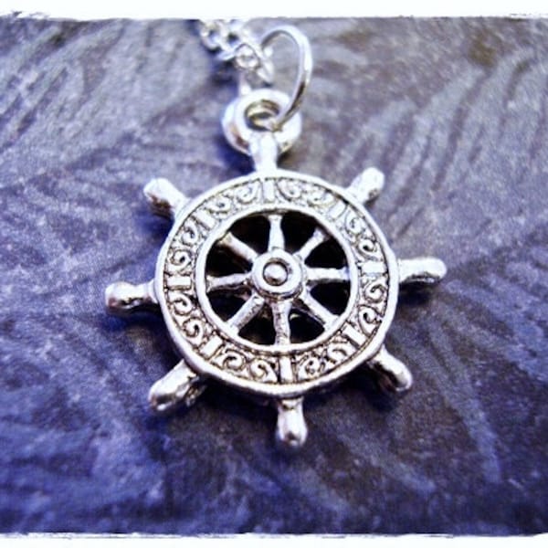 Silver Ship's Wheel Necklace - Silver Pewter Ship's Wheel Charm on a Delicate Silver Plated Cable Chain or Charm Only