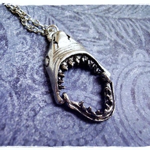 Movable Shark Jaws Necklace Antique Pewter Shark Jaws Charm on a Delicate Silver Plated Cable Chain or Charm Only image 1