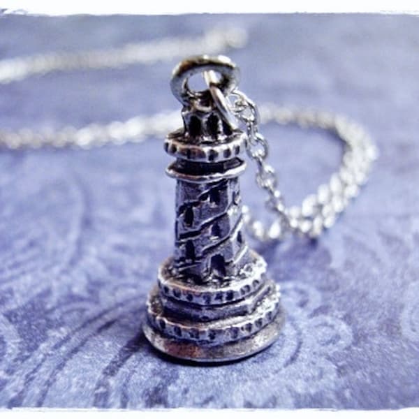 Silver Lighthouse Necklace - Antique Pewter Lighthouse Charm on a Delicate Silver Plated Cable Chain or Charm Only