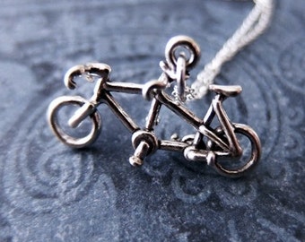 Silver Tandem Bicycle Necklace - Sterling Silver Tandem Bicycle Charm on a Delicate Sterling Silver Cable Chain or Charm Only