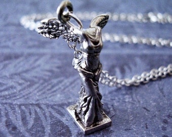 Silver Winged Victory Statue Necklace - Antique Pewter Winged Victory Statue Charm on a Delicate Silver Plated Cable Chain or Charm Only