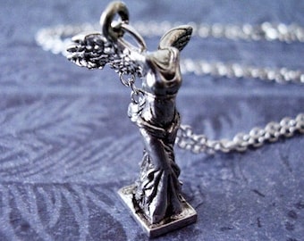 Silver Winged Victory Statue Necklace - Antique Pewter Winged Victory Statue Charm on a Delicate Stainless Steel Cable Chain or Charm Only