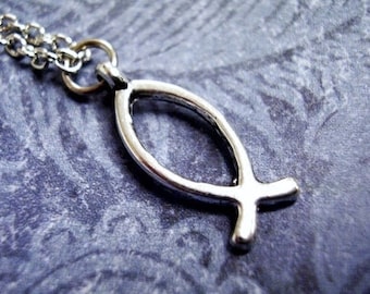 Tiny Silver Ichthys Christian Fish Necklace - Antique Pewter Ichthys Fish Charm on a Delicate Stainless Steel Cable Chain or Charm Only