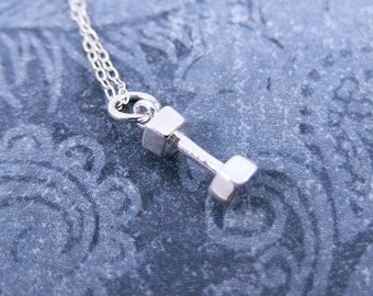 Tiny Silver Dumbbell Necklace - Sterling Silver Dumbbell Charm on a Delicate Sterling Silver Cable Chain or Charm Only