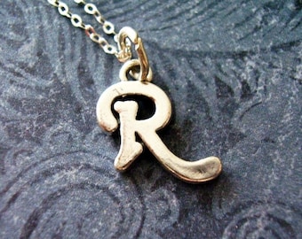 Silver Cursive R Initial Necklace - Sterling Silver Cursive Initial R Charm on a Delicate Sterling Silver Cable Chain or Charm Only