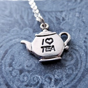 Silver I Love Tea Teapot Necklace - Sterling Silver I Love Tea Teapot Charm on a Delicate Sterling Silver Cable Chain or Charm Only