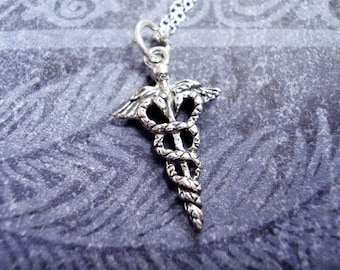 Silver Caduceus Symbol Necklace - Sterling Silver Caduceus Symbol Charm on a Delicate Sterling Silver Cable Chain or Charm Only