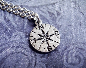 Tiny Silver Compass Necklace - Antique Pewter Compass Charm on a Delicate Stainless Steel Cable Chain or Charm Only