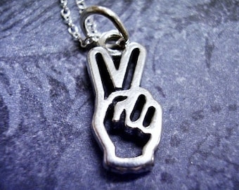 Peace Sign Hand Necklace - Sterling Silver Peace Sign Hand Charm on a Delicate Sterling Silver Cable Chain or Charm Only