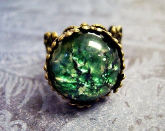 Round Green Opal Glass Ring - Green Opal Glass Cabochon on an Ornate Antique Brass Filigree Band