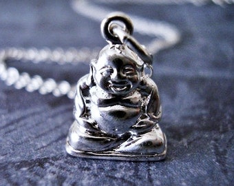Silver Laughing Buddha Necklace - Sterling Silver Laughing Buddha Charm on a Delicate Sterling Silver Cable Chain or Charm Only