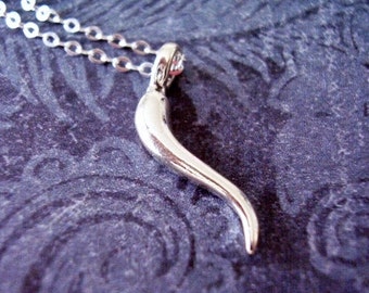 Silver Italian Horn Necklace - Sterling Silver Italian Horn Charm on a Delicate Sterling Silver Cable Chain or Charm Only