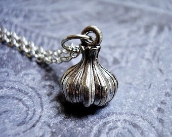Silver Garlic Bulb Necklace - Antique Pewter Garlic Bulb Charm on a Delicate Silver Plated Cable Chain or Charm Only