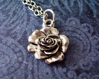 Silver Rose Necklace - Antique Pewter Rose Charm on a Delicate Silver Plated Cable Chain or Charm Only