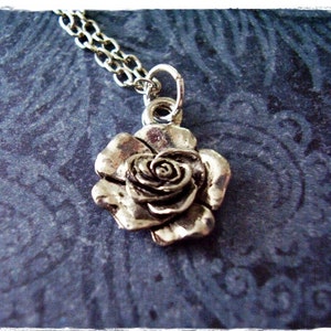 Silver Rose Necklace - Antique Pewter Rose Charm on a Delicate Silver Plated Cable Chain or Charm Only