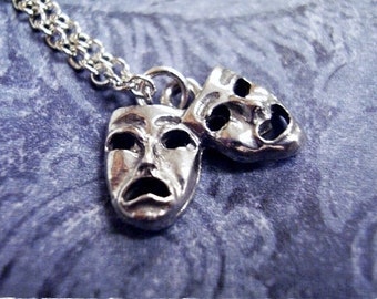 Silver Theatre Masks Necklace - Antique Pewter Theatre Masks Charm on a Delicate Stainless Steel Cable Chain or Charm Only