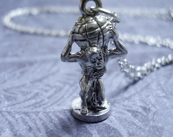 Silver Atlas the Titan Necklace - Antique Pewter Atlas the Titan Charm on a Delicate Silver Plated Cable Chain or Charm Only