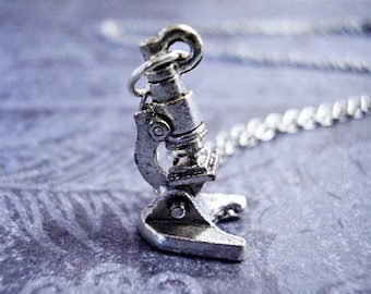 Silver Microscope Necklace - Silver Pewter Microscope Charm on a Delicate Silver Plated Cable Chain or Charm Only