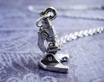 Silver Microscope Necklace - Silver Pewter Microscope Charm on a Delicate Stainless Steel Cable Chain or Charm Only