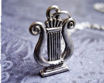 Silver Lyre Necklace - Antique Pewter Lyre Charm on a Delicate Silver Plated Cable Chain or Charm Only