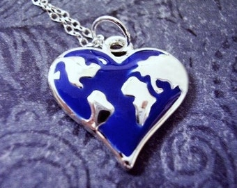 Blue Earth Heart Necklace - Blue Enameled Silver Plate Earth Heart Charm on a Delicate Sterling Silver Cable Chain or Charm Only