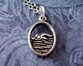 Silver Swimmer Necklace - Antique Pewter Swimmer Charm on a Delicate Silver Plated Cable Chain or Charm Only