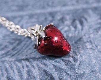 Red Strawberry Necklace - Red Enameled Antique Pewter Strawberry Charm on a Delicate Silver Plated Cable Chain or Charm Only