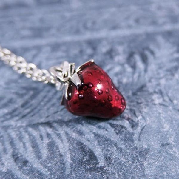 Red Strawberry Necklace - Red Enameled Antique Pewter Strawberry Charm on a Delicate Silver Plated Cable Chain or Charm Only