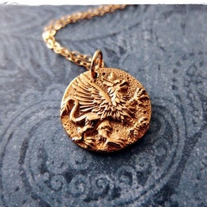 Gold Griffin Coin Necklace - Bronze Griffin Coin Charm on a Delicate 14kt Gold Filled Cable Chain or Charm Only