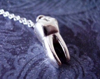 Large Molar Tooth Necklace - Sterling Silver Molar Tooth Charm on a Delicate Sterling Silver Cable Chain or Charm Only