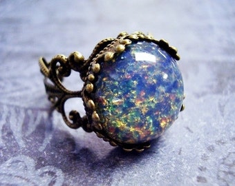 Round Blue Opal Glass Ring - Blue Opal Glass Cabochon on an Ornate Antique Brass Filigree Band