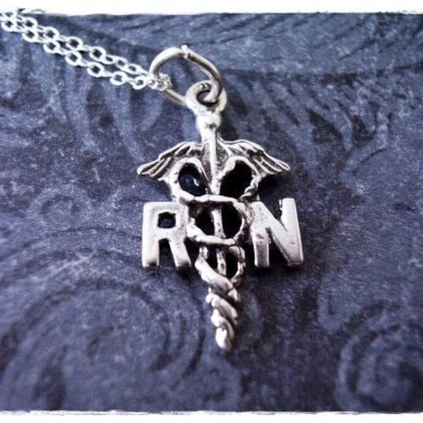 Silver RN Caduceus Necklace - Sterling Silver RN Caduceus Charm on a Delicate Sterling Silver Cable Chain or Charm Only