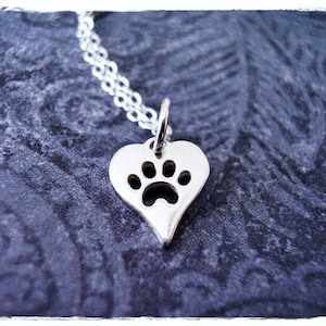 Tiny Silver Heart Paw Print Necklace - 925 Sterling Silver Paw Print Heart Charm on a Delicate Sterling Silver Cable Chain or Charm Only