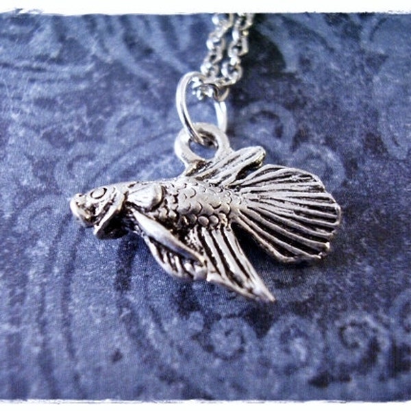Silver Betta Fish Necklace - Silver Pewter Betta Fish Charm on a Delicate Silver Plated Cable Chain or Charm Only