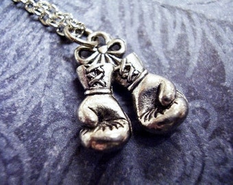 Silver Boxing Gloves Necklace - Antique Pewter Boxing Gloves Charm on a Delicate Silver Plated Cable Chain or Charm Only